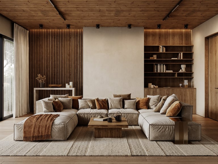 Contemporary loft interior with sofa with pillows carpet, wood wall panels and ceiling