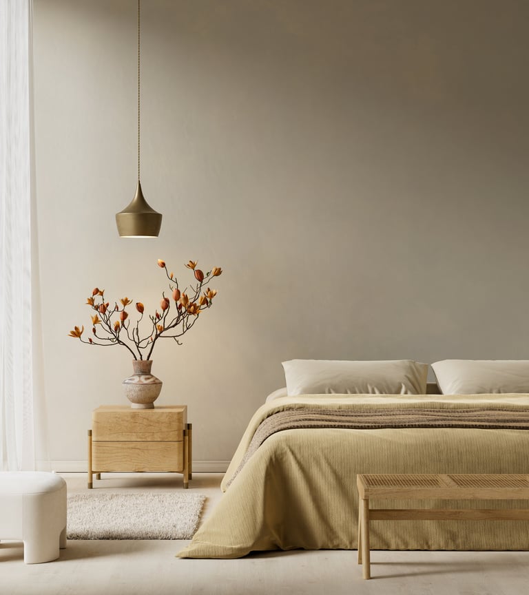 Japandi bedroom interior combining minimalist modern design, natural wood textures and neutral colors with warm daylight for a serene, cozy and timeless atmosphere