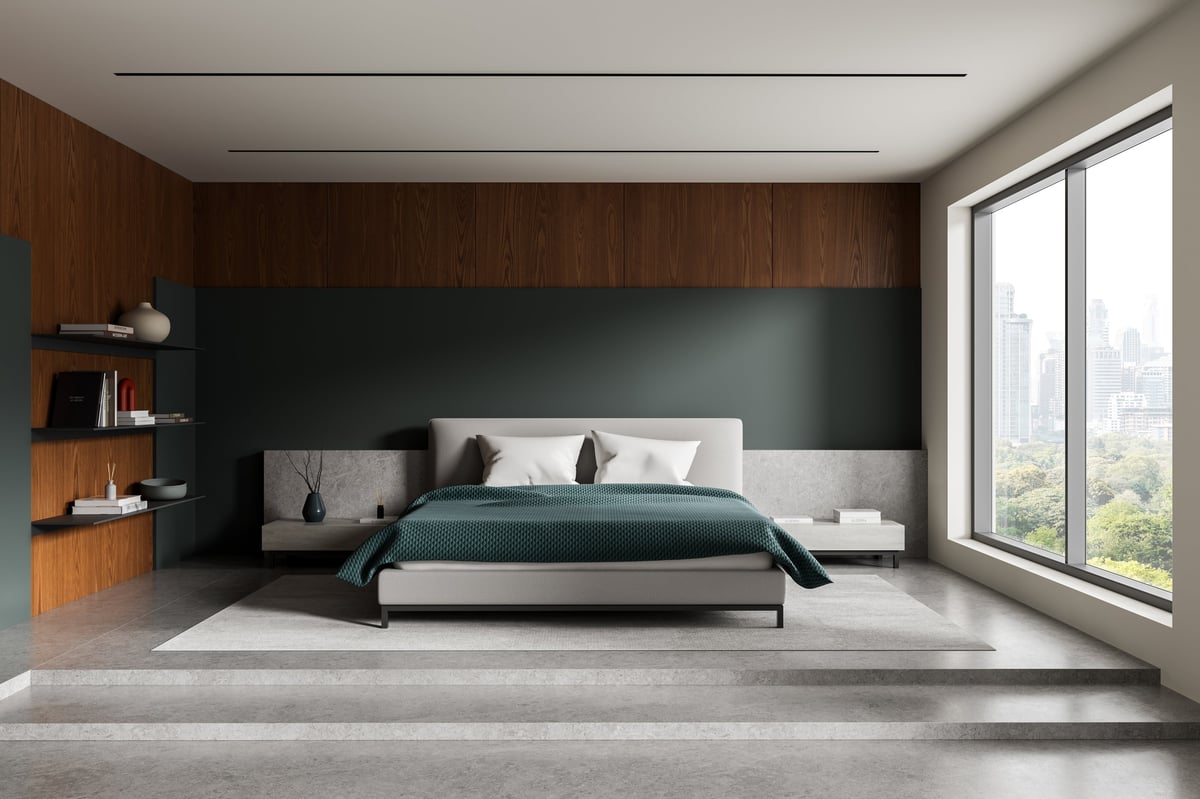 Modern bedroom with carpet flooring